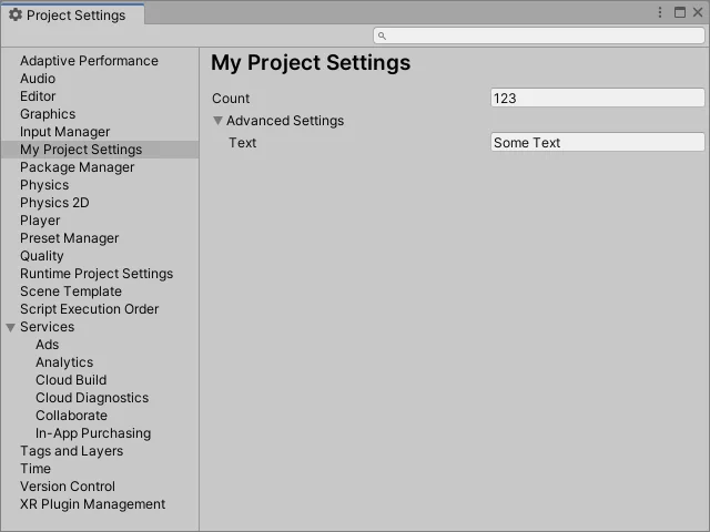 SubSettings example for custom editor settings for Unity.